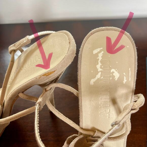 Colin Stuart Beige Suede Flower Slingback Peep Toe Heels Pumps 7.5 - Picture 8 of 8